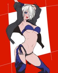 Rule 34 | 1girl, angel (kof), arm behind head, arms behind head, arms up, blue eyes, bra, breasts, chaps, cleavage, collarbone, cropped jacket, fingerless gloves, gloves, hair over one eye, highres, jacket, large breasts, leather, leather jacket, looking at viewer, navel, oro (sumakaita), simple background, smile, snk, solo, stomach, strapless, strapless bra, the king of fighters, the king of fighters xiv, toned, underwear, white hair