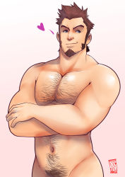 Rule 34 | 1boy, beard, blue eyes, body hair, brown hair, crossed arms, doctor anfelo, facial hair, fate/grand order, fate (series), heart, highres, long sideburns, male focus, muscular, napoleon bonaparte (fate), navel, pectorals, topless male, simple background, smirk, solo, upper body, white background
