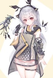 Rule 34 | 1girl, absurdres, arknights, bare shoulders, closed mouth, detached sleeves, dress, gloves, hairband, highres, holding, holding own hair, leaf (arknights), long hair, red eyes, see-through, short dress, silver hair, single glove, sleeveless, sleeveless dress, solo, thick eyebrows, very long hair, weedy (arknights), yuzusawa oekaki