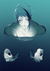 Rule 34 | 13 (bbr584607091), 1boy, absurdres, black nails, blue hair, blue skin, blue theme, body markings, closed eyes, closed mouth, colored skin, eel boy, facial mark, fins, from above, gills, hands up, head fins, highres, jade leech, male focus, monster boy, multicolored hair, nail polish, nude, partially submerged, portrait, short hair, smile, solo, streaked hair, twisted wonderland, water, wet, wet hair