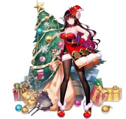 Rule 34 | 1girl, armpits, azur lane, bare shoulders, black hair, black pantyhose, blunt bangs, box, breasts, candy, candy cane, choker, christmas tree, closed eyes, closed mouth, curled horns, dress, flower, food, frown, fur-trimmed dress, fur-trimmed gloves, fur trim, fuzichoco, gift, gift box, gloves, hair flower, hair ornament, hand on own hip, hat, highres, horns, house, large breasts, long hair, multicolored hair, official alternate costume, official art, open mouth, pantyhose, pink hair, red flower, santa hat, smile, snow, standing, strapless, strapless dress, suruga (azur lane), suruga (uneventful holiday greetings) (azur lane), transparent background, two-tone hair