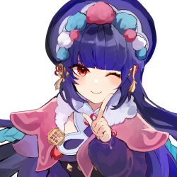 Rule 34 | 1girl, absurdres, blunt bangs, chinese clothes, finger to own chin, fur collar, genshin impact, hat, highres, long hair, nemururin, one eye closed, portrait, purple hair, purple hat, red eyes, simple background, smile, solo, tassel, white background, yun jin (genshin impact)
