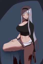 Rule 34 | 1girl, black choker, black hairband, black lilith (last origin), blood, breasts, brown eyes, choker, cleavage, closed mouth, commentary, crop top, english commentary, grey hair, gun, hairband, handgun, highres, holding, holding gun, holding weapon, large breasts, last origin, leg up, long hair, long sleeves, midriff, nyanom, shirt, short shorts, shorts, simple background, solo, stomach, very long hair, weapon, white shirt