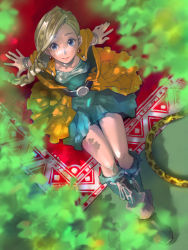 Rule 34 | 1girl, bianca (dq5), blonde hair, blue eyes, boots, borongo, bracelet, braid, dragon quest, dragon quest v, dress, female focus, from above, full body, hair over shoulder, highres, jewelry, long hair, nature, outdoors, plant, pomodorosa, solo