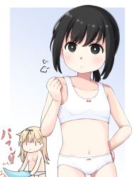 Rule 34 | 2girls, bare arms, black eyes, black hair, black ribbon, blonde hair, blue background, blush, border, bow, bow bra, bow panties, bra, breasts, closed mouth, collarbone, commentary request, deformed, determined, flat chest, fubuki (kancolle), gradient background, hair bow, hair flaps, hair ornament, hairclip, hand on own hip, hand up, kantai collection, long hair, looking at viewer, low ponytail, medium breasts, medium hair, multiple girls, navel, no bra, okitarou (okiyo), outside border, panties, pout, ribbon, sidelocks, simple background, solo focus, stomach, translation request, underwear, underwear only, white background, white border, white bra, white panties, yuudachi (kancolle), yuudachi kai ni (kancolle), | |