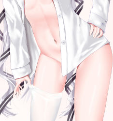 Rule 34 | 1girl, adjusting clothes, adjusting legwear, artia, blouse, contrapposto, cowboy shot, dress shirt, hand on own hip, highres, hololive, hololive china, long hair, long sleeves, mero (ly21207), naked shirt, navel, shirt, simple background, single thighhigh, solo, stomach, thighhighs, thighs, unbuttoned, unbuttoned shirt, very long hair, virtual youtuber, white background, white shirt, white thighhighs