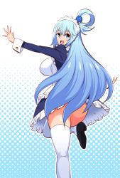 Rule 34 | 1girl, alternate costume, apron, aqua (konosuba), ass, blue eyes, blue hair, breasts, convenient censoring, dress, enmaided, frilled dress, frills, from behind, gabao (mattari 2019), hair censor, hair rings, high heels, kono subarashii sekai ni shukufuku wo!, large breasts, leg up, long hair, looking at viewer, maid, maid apron, maid headdress, no panties, open mouth, outstretched arms, polka dot, polka dot background, solo, spread arms, standing, standing on one leg, thighhighs, very long hair, waist apron, white thighhighs, wrist cuffs