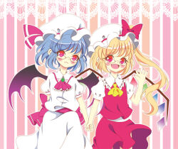 Rule 34 | 2girls, ascot, bat wings, blonde hair, blue hair, blush, cowboy shot, crystal wings, dress, flandre scarlet, frilled dress, frills, glasses, hand up, hat, hat ribbon, holding hands, medium hair, mob cap, multiple girls, open mouth, red ascot, red dress, red eyes, red ribbon, remilia scarlet, ribbon, rimei, siblings, side ponytail, smile, touhou, twins, white dress, wings, yellow ascot