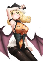 Rule 34 | 1girl, :3, adapted costume, arm at side, arm up, black hat, black pantyhose, blonde hair, blush, breasts, closed mouth, constellation print, corset, covered navel, demon wings, eyes visible through hair, green eyes, hair between eyes, hat, highleg, highleg leotard, large breasts, leotard, long hair, matara okina, medium breasts, no bra, nose blush, orange leotard, pantyhose, purple wings, ropeperson, sideboob, simple background, solo, thighband pantyhose, touhou, white background, wings