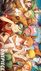 Rule 34 | 2girls, 6+boys, afro, black hair, blonde hair, blue hair, breasts, brook (one piece), cleavage, commentary, copyright name, earrings, english commentary, english text, franky (one piece), glasses, green hair, happy, hat, highres, jewelry, jinbe (one piece), large breasts, long hair, looking at viewer, monkey d. luffy, multiple boys, multiple girls, nami (one piece), nico robin, oekakiboya, one piece, orange hair, reindeer, roronoa zoro, sanji (one piece), scar, scar across eye, scar on face, short hair, sideways, smile, straw hat, straw hat pirates, tony tony chopper, unworn hat, unworn headwear, usopp, wavy hair