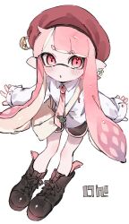 Rule 34 | 1girl, :o, bag, beret, black footwear, black shorts, blush, boots, collared shirt, dolphin shorts, earrings, flower earrings, full body, hat, hat pin, ika esu, inkling, inkling girl, inkling player character, jewelry, long hair, messenger bag, necktie, nintendo, open mouth, pink eyes, pink hair, pink necktie, pink trim, shirt, shorts, shoulder bag, single earring, solo, splatoon (series), striped necktie, tentacle hair, tie clip, white background, white shirt