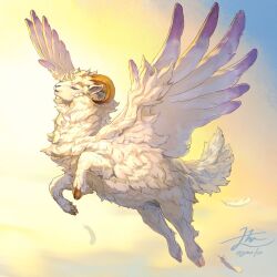 Rule 34 | animal, animal focus, closed eyes, cloven hooves, commentary request, commission, curled horns, falling feathers, feathered wings, feathers, fluffy, flying, full body, highres, hooves, horns, no humans, open mouth, original, sheep, signature, skeb commission, smile, solo, tail, twitter username, winged animal, wings, yamamura le