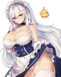 Rule 34 | 1girl, apron, azur lane, bad id, bad twitter id, bare shoulders, belfast (azur lane), blue eyes, blush, breasts, chain, choker, cleavage, clothes lift, curvy, dress, dress lift, garter belt, large breasts, lifted by self, long hair, looking at viewer, maid apron, maid headdress, panties, pantyshot, pokoten (pokoten718), silver hair, skirt, skirt lift, smile, solo, thick thighs, thighhighs, thighs, underwear, white thighhighs, wide hips
