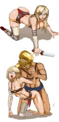 Rule 34 | 1boy, 1girl, abs, armor, ass, belt, blonde hair, blue eyes, body hair, breast strap, broken, broken weapon, cuisses, defeat, doggystyle, from above, full body, gladiator, gladiator shorts, gladiator, gladius, greaves, helmet, hetero, holding, holding hands, holding sword, holding weapon, leg armor, long hair, looking up, multiple views, nisetanaka, on floor, open mouth, original, pauldrons, rape, rough sex, sandals, scar, scar on arm, sex, sex from behind, shadow, shorts, shoulder armor, strangling, sweat, sword, tears, torn clothes, torn shorts, vambraces, weapon, white background