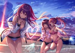 Rule 34 | 3girls, :d, absurdres, bare shoulders, beach, bikini, black bikini, blurry, blurry background, blush, breasts, choker, cleavage, closed eyes, closed mouth, cloud, cloudy sky, collarbone, cowboy shot, dutch angle, frills, hair ornament, hairclip, half-closed eye, highres, hood, hoodie, large breasts, long hair, long sleeves, looking at viewer, mountain, multiple girls, navel, ocean, off shoulder, one eye closed, open clothes, open hoodie, open mouth, original, outdoors, piromizu, ponytail, purple bikini, purple eyes, red bikini, red choker, red hair, see-through, side-tie bikini bottom, sidelocks, sky, smile, standing, standing on one leg, stomach, sunset, swimsuit, very long hair, water drop, wet, wet clothes, white hoodie, yuri