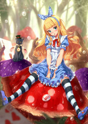 Rule 34 | 1girl, alice (alice in wonderland), alice in wonderland, animal, apron, arms between legs, black hat, blonde hair, blue dress, blue eyes, blue hairband, blush, bow, bowtie, cat, dress, forest, full body, hair bow, hairband, hat, head tilt, highres, kazeno, long hair, looking at viewer, nature, open mouth, outdoors, polka dot, polka dot bow, red bow, red bowtie, short sleeves, sitting, solo, striped clothes, striped thighhighs, thighhighs, tree, very long hair, water