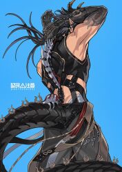 Rule 34 | 1boy, arknights, arm belt, arm tattoo, armpits, arms behind head, arms up, bare shoulders, black hair, black pants, blue background, chong yue (arknights), crop top, dragon boy, dragon horns, dragon tail, earrings, from side, highres, horns, jewelry, looking ahead, male focus, natsushio (x2i2a), pants, pointy ears, simple background, single earring, sleeveless, sleeveless turtleneck, solo, spine, tail, tattoo, turtleneck, upper body