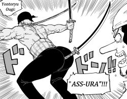 Rule 34 | 2boys, absurdres, ass, ass focus, bandana, bb (baalbuddy), comic, english text, greyscale, highres, holding, holding sword, holding weapon, katana, long nose, monochrome, multiple boys, nose, one piece, roronoa zoro, sanji (one piece), simple background, speech bubble, sword, usopp, weapon, white background