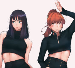 Rule 34 | 2girls, absurdres, animification, black hair, black shorts, black sweater, blue eyes, blush, breasts, brown hair, commentary, crop top, high-waist pants, highres, k-pop, leaning to the side, long hair, looking to the side, looking up, medium breasts, mina (twice), momo (twice), multiple girls, open hand, pants, parted lips, ponytail, real life, shorts, sweater, symbol-only commentary, twice (group), vuxer