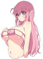 Rule 34 | 1girl, aqua eyes, bikini, bocchi the rock!, breasts, commentary, cube hair ornament, eyepatch bikini, gotoh hitori, hair between eyes, hair ornament, highres, large breasts, long hair, looking at viewer, mel (melty pot), navel, one side up, pink bikini, pink hair, simple background, solo, swimsuit, upper body, wet, wet hair, white background