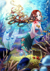 Rule 34 | absurdres, air bubble, bare shoulders, blurry, blurry foreground, bracelet, breasts, brown hair, bubble, clownfish, coin, collarbone, commentary request, coral, fish, floating hair, gem, gold, green eyes, highres, holding, holding gem, jewelry, light rays, long hair, looking at viewer, medium breasts, mermaid, mokoko (moko log), monster girl, navel, original, parted bangs, parted lips, pearl hair ornament, red gemstone, shell, shell bikini, sidelocks, smile, solo, starfish, starfish hair ornament, stomach, treasure chest, underwater