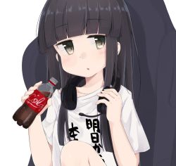 Rule 34 | 1girl, aoshima sakana, black hair, blunt bangs, bottle, brown eyes, chair, clothes writing, coca-cola, cola, commentary request, hatsuyuki (kancolle), headphones, headset, kantai collection, long hair, looking at viewer, microphone, shirt, sitting, solo, t-shirt, white shirt