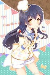 Rule 34 | 1girl, blue hair, blush, chef hat, commentary request, cowboy shot, food, food on face, fork, fruit, hair between eyes, hair ornament, hairclip, hand on own cheek, hand on own face, happy birthday, hat, holding, holding fork, long hair, looking at viewer, love live!, love live! school idol festival, love live! school idol project, mini hat, neck ribbon, ribbon, sakuramochi n, shorts, smile, solo, sonoda umi, strawberry, yellow eyes