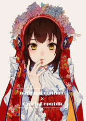 Rule 34 | 1girl, axis powers hetalia, bow, brown eyes, brown hair, czech republic (hetalia), english text, european clothes, eyelashes, finger to mouth, floral print, flower, frilled sleeves, frills, furumachi ( trisannkaku), gradient background, hair bow, hair flower, hair ornament, hair ribbon, headwear request, highres, light smile, looking at viewer, matching hair/eyes, nail polish, neck ruff, parted lips, pink lips, red bow, red nails, red ribbon, ribbon, silver background, slavic clothes, smile, solo, traditional clothes, upper body, yellow eyes