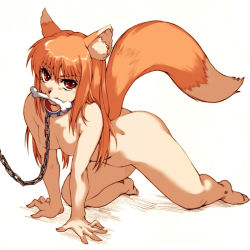 Rule 34 | 00s, 1girl, animal ears, bone, breasts, brown hair, chain, chain leash, collar, completely nude, fang, full body, hisahiko, holo, leash, long hair, mouth hold, nude, pet play, red eyes, simple background, small breasts, solo, spice and wolf, tail, viewer holding leash, white background, wolf ears, wolf tail
