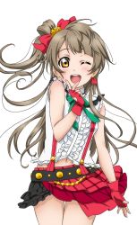 Rule 34 | 10s, 1girl, artist request, bare shoulders, belt, blush, bokura wa ima no naka de, bow, earrings, fingerless gloves, frills, gloves, green bow, grey hair, hair bow, jewelry, long hair, looking at viewer, love live!, love live! school idol festival, love live! school idol festival after school activity, love live! school idol project, minami kotori, navel, official art, one eye closed, one side up, open mouth, ribbon, skirt, smile, solo, suspender skirt, suspenders, teeth, transparent background, yellow eyes