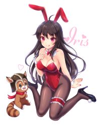 Rule 34 | 1girl, animal ears, bare shoulders, black footwear, black hair, black pantyhose, breasts, detached collar, fake animal ears, full body, high heels, highres, iris yuma, large breasts, leotard, long hair, looking at viewer, nail polish, pantyhose, playboy bunny, rabbit ears, red leotard, red nails, shoes, simple background, sitting, smile, solo, sonko1015, soulworker, wariza, white background, wrist cuffs
