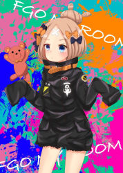 Rule 34 | 1girl, abigail williams (fate), abigail williams (traveling outfit) (fate), black bow, black jacket, blonde hair, blue eyes, blush, bow, closed mouth, commentary request, crossed bandaids, fate/grand order, fate (series), hair bow, hair bun, hands up, heroic spirit traveling outfit, jacket, long hair, long sleeves, looking away, official alternate costume, orange bow, parted bangs, polka dot, polka dot bow, single hair bun, sleeves past fingers, sleeves past wrists, solo, stuffed animal, stuffed toy, teddy bear, yuuki (snow-rain00)