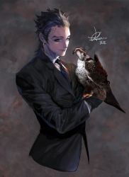 Rule 34 | 1boy, asymmetrical gloves, bird, black gloves, black jacket, blue eyes, blue necktie, brown gloves, closed mouth, collared shirt, dated, earrings, falconry, gloves, grey background, hawk, highres, jacket, jewelry, long sleeves, looking at viewer, male focus, mismatched gloves, mole, mole under eye, necktie, original, pigeon666, revision, shirt, signature, smile, solo, upper body, white shirt, wing collar