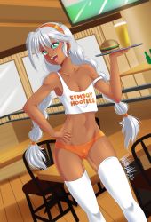 Rule 34 | 1boy, absurdres, braid, bulge, burger, cowboy shot, danmakuman, dark skin, earrings, femboy hooters (meme), food, glass, gluteal fold, green eyes, hairband, hand on own hip, highres, indoors, jewelry, long hair, looking at viewer, meme, midriff, navel, off shoulder, open mouth, original, restaurant, serving tray, short shorts, shorts, silver hair, sleeveless, smile, solo, tank top, teeth, thighhighs, tongue, trap, twin braids, upper teeth only, white thighhighs