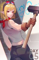Rule 34 | 1girl, absurdres, anzailee, black pants, blonde hair, brown gloves, english text, foreshortening, gloves, goggles, goggles on head, hammer, highres, holding, holding hammer, hololive, hololive indonesia, kaela kovalskia, looking at viewer, neckerchief, pants, pointy ears, red eyes, red goggles, red neckerchief, short hair, sleeveless, smile, solo, standing, tile wall, tiles, toned, upper body, virtual youtuber