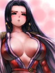 Rule 34 | 1girl, amazon warrior, black eyes, black hair, blush, boa hancock, breasts, cape, center opening, cleavage, covered erect nipples, earrings, epaulettes, fumio (rsqkr), jewelry, large breasts, lips, long hair, one piece, solo