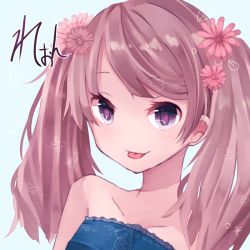 Rule 34 | 1girl, :p, bad id, bad pixiv id, bare shoulders, flower, hair flower, hair ornament, itamidome, light purple hair, long hair, no nose, original, pink hair, portrait, purple eyes, simple background, smile, solo, strapless, tongue, tongue out, twintails