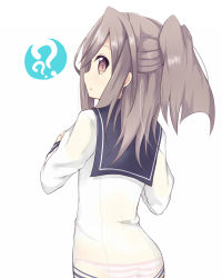 Rule 34 | 1girl, ?, amano kouki, brown eyes, clueless, cosplay, dress, from behind, half updo, highres, kantai collection, long sleeves, looking at viewer, looking back, panties, ponytail, sailor collar, sailor dress, see-through, see-through silhouette, silver hair, simple background, solo, spoken question mark, striped clothes, striped panties, underwear, white background, white dress, yukikaze (kancolle), yukikaze (kancolle) (cosplay), zuihou (kancolle)