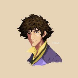 Rule 34 | 1boy, artist name, black hair, brown background, brown hair, closed mouth, commentary, cowboy bebop, english commentary, looking at viewer, male focus, manh (justmanh98), messy hair, pixel art, portrait, purple shirt, shirt, short hair, simple background, smile, solo, spike spiegel