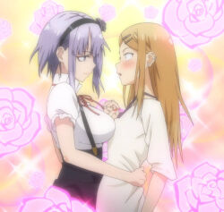 Rule 34 | 2girls, blush, breasts, brown hair, closed mouth, dagashi kashi, endou saya, female focus, flat chest, flower, hair ornament, hairclip, headband, holding hands, large breasts, long hair, looking at another, multiple girls, open mouth, purple eyes, purple hair, shidare hotaru, shirt, sparkle, standing, stitched, suspenders, t-shirt, third-party edit