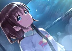 Rule 34 | 1girl, blue eyes, brown hair, car interior, closed mouth, commentary request, dutch angle, girls band cry, iseri nina, light particles, looking at viewer, night, purple shirt, rin2008, seatbelt, shirt, short twintails, smile, solo, tearing up, tears, twintails, upper body