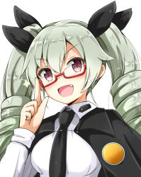 Rule 34 | &gt;:d, 10s, 1girl, :d, aikawa ryou, anchovy (girls und panzer), black necktie, black ribbon, blush, cape, commentary, drill hair, fang, girls und panzer, glasses, graphite (medium), green hair, hair between eyes, hair ribbon, highres, index finger raised, long hair, long sleeves, looking at viewer, necktie, open mouth, purple eyes, red-framed eyewear, ribbon, semi-rimless eyewear, shirt, simple background, smile, solo, sparkle, traditional media, twin drills, twintails, under-rim eyewear, upper body, v-shaped eyebrows, white background, white shirt