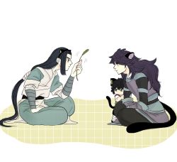 Rule 34 | 3boys, animal ears, black hair, black tail, cat boy, cat ears, cat tail, child, emilyo259, fake animal ears, fengxi (the legend of luoxiaohei), green eyes, highres, holding, long hair, long sleeves, low-tied long hair, luo xiaohei, luo xiaohei (human), luo xiaohei zhanji, multiple boys, profile, short hair, sitting, tail, very long hair, wuxian (the legend of luoxiaohei)