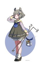 Rule 34 | 1girl, adapted costume, animal, animal ears, artist name, bloomers, dowsing rod, dress, full body, grey dress, grey footwear, grey hair, hair ornament, highres, jewelry, long sleeves, mouse (animal), mouse ears, mouse tail, namauni, nazrin, pendant, red eyes, see-through, see-through sleeves, shoes, short hair, socks, solo, tail, touhou, underwear, white bloomers, white socks