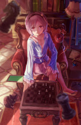 Rule 34 | 1girl, board game, bookshelf, bottle, breasts, cat, chair, chess, chess piece, chessboard, cleavage, collarbone, downblouse, eyeball, hairband, heart, highres, ink bottle, komeiji satori, lamp, long sleeves, looking at viewer, notebook, open clothes, open shirt, pink eyes, pink hair, pupil g, shadow, shirt, short hair, skirt, small breasts, smile, solo, table, third eye, tile floor, tiles, touhou, wide sleeves