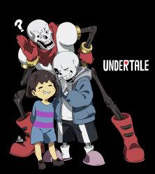 Rule 34 | 1other, 2boys, ?, androgynous, ankle boots, arms behind back, black background, black shorts, blue jacket, blush stickers, bone, boots, brothers, brown footwear, brown hair, cape, cel shading, child, colored skin, commentary, copyright name, facing viewer, frisk (undertale), from side, full body, gloves, grin, half-closed eyes, hand on own hip, hand to own mouth, hand up, highres, hood, hood down, hooded jacket, jacket, kamezaemon, leaning to the side, legs apart, long sleeves, looking at another, male focus, multiple boys, one eye closed, open clothes, open jacket, open mouth, papyrus (undertale), pink footwear, red cape, red footwear, red gloves, romper, sans (undertale), shirt, shoes, short hair, shorts, siblings, sideways glance, simple background, skeleton, slippers, smile, socks, solid oval eyes, squinting, standing, teeth, torn cape, torn clothes, undertale, white shirt, white socks, yellow skin, zipper