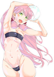 Rule 34 | 1girl, akashi (kancolle), bag, blunt tresses, breasts, casual one-piece swimsuit, cleavage, green eyes, gris swimsuit, hair ribbon, highres, kantai collection, long hair, medium breasts, meme attire, navel, one-piece swimsuit, open mouth, pink hair, ribbon, simple background, smile, solo, swimsuit, tress ribbon, white background, zouni (asahi ruyoru)