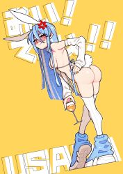 Rule 34 | 1girl, absurdres, anger vein, animal ear fluff, animal ears, ass, blue footwear, blue hair, blush, breasts, commentary, english commentary, highres, hololive, long hair, looking at viewer, meme attire, multicolored hair, multicolored nails, open mouth, rabbit-shaped pupils, rabbit ears, rabbit girl, red eyes, short eyebrows, small breasts, solo, symbol-shaped pupils, thick eyebrows, two-tone hair, unexistarts, usada pekora, virgin destroyer sweater, virtual youtuber, white hair