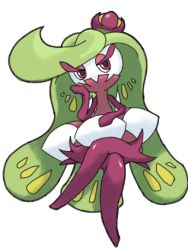Rule 34 | creatures (company), crossed legs, crown, eyelashes, eyeshadow, fuurin (f rin), game freak, gen 7 pokemon, green hair, half-closed eyes, long hair, makeup, mini crown, nintendo, pokemon, pokemon (creature), pokemon sm, purple eyes, purple thighhighs, simple background, sitting, solo, thighhighs, tri tails, tsareena, white background