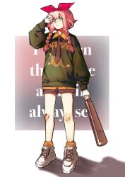 Rule 34 | 1girl, absurdres, alternate costume, arknights, artist name, bandaid, bandaid on knee, bandaid on leg, baseball bat, blue eyes, bow, braid, chemical structure, dated, english text, gloves, green sweater, hair bow, highres, holding, holding baseball bat, may (arknights), orange shirt, orange socks, pink hair, red bow, rryy, shirt, shoes, short hair with long locks, sneakers, socks, solo, sweater, twin braids, white background, white footwear, white gloves